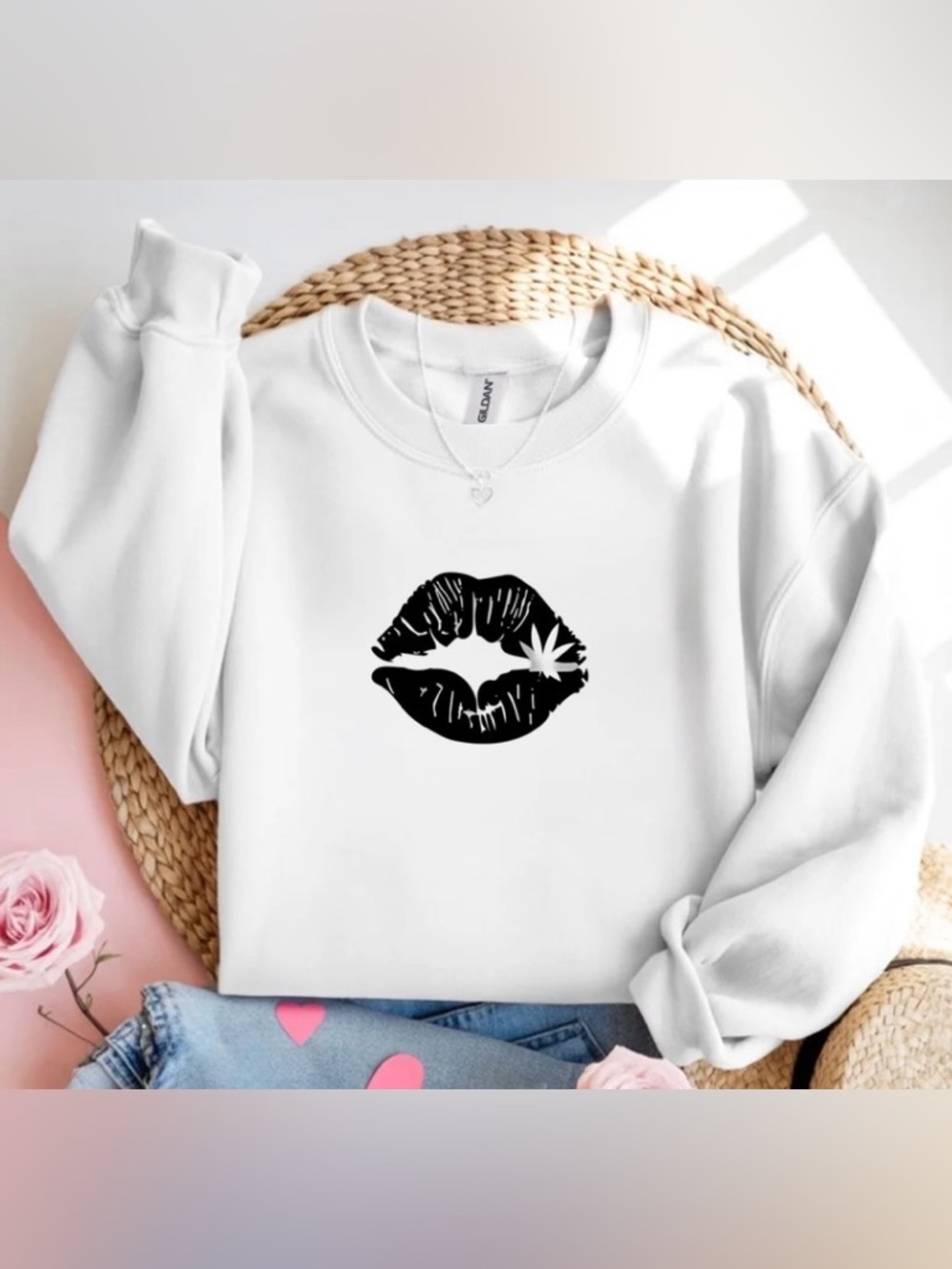 Gildan White Crewneck Sweatshirt with Black Lip Graphic